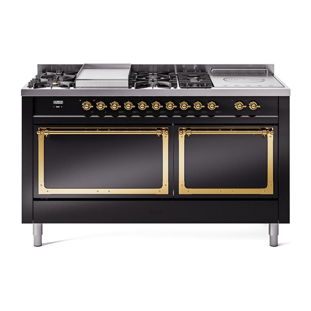 Ilve UN60FSQNMPBKG Ilve Un60Fsqnmpbkg Nostalgie Ii Noblesse 60" Dual Fuel Range (7 Sealed Burners + Griddle + French Top, Natural Gas, Solid Door, Glossy Black, Brass)
