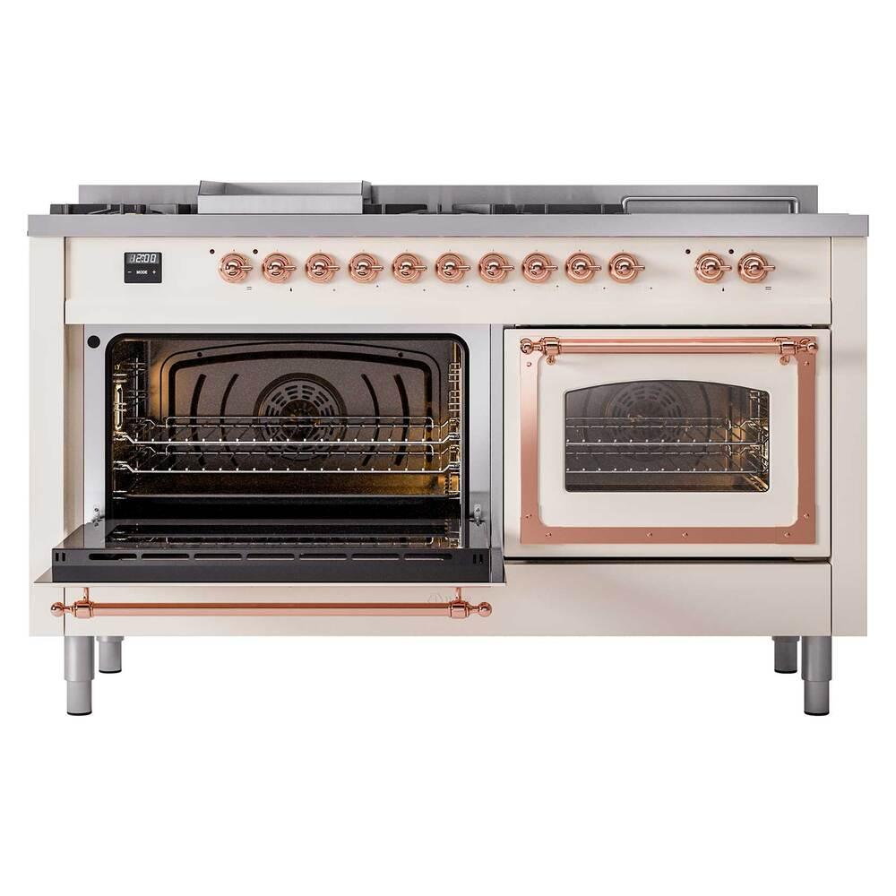 Ilve UN60FSNMPAWP Ilve Un60Fsnmpawp Nostalgie Ii Noblesse 60" Dual Fuel Range (7 Sealed Burners + Griddle + French Top, Natural Gas, Triple Glass Door, Antique White, Copper)