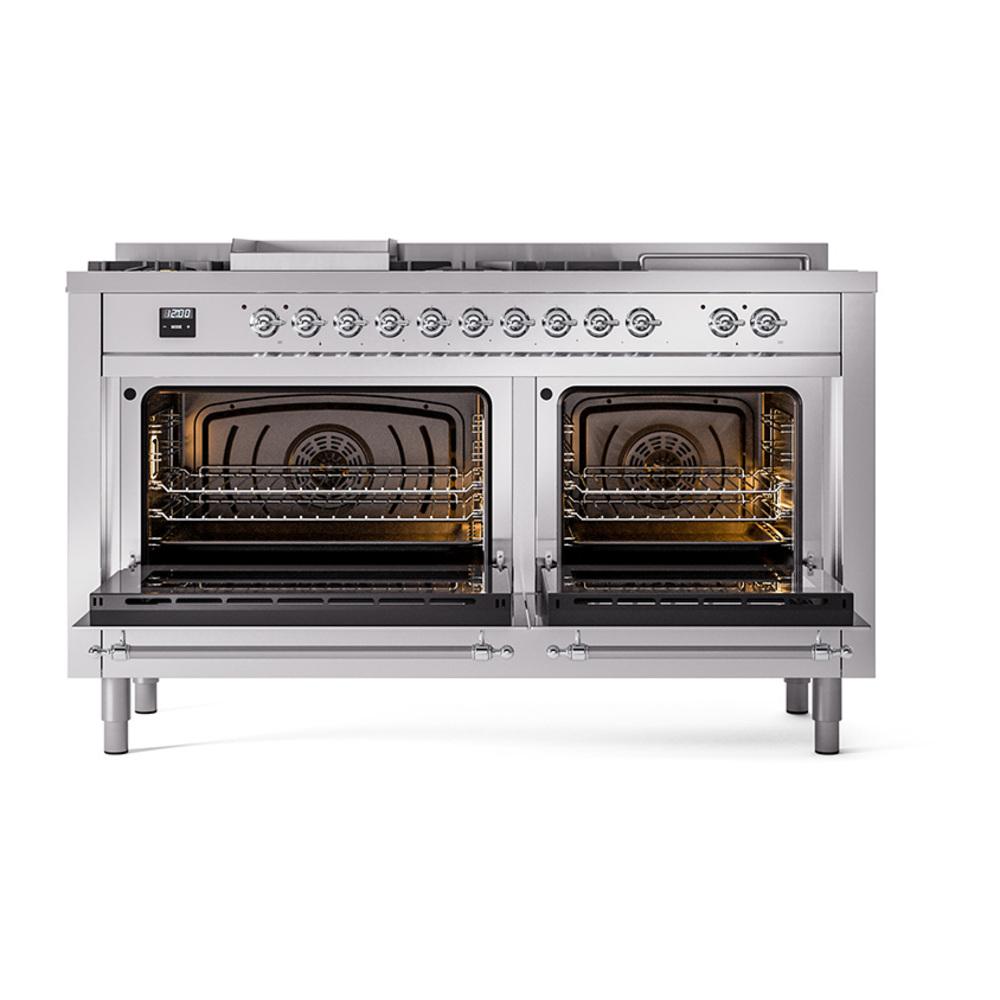Ilve UN60FSNMPSSCLP Ilve Un60Fsnmpssclp Nostalgie Ii Noblesse 60" Dual Fuel Range (7 Sealed Burners + Griddle + French Top, Liquid Propane, Triple Glass Door, Stainless Steel, Chrome)