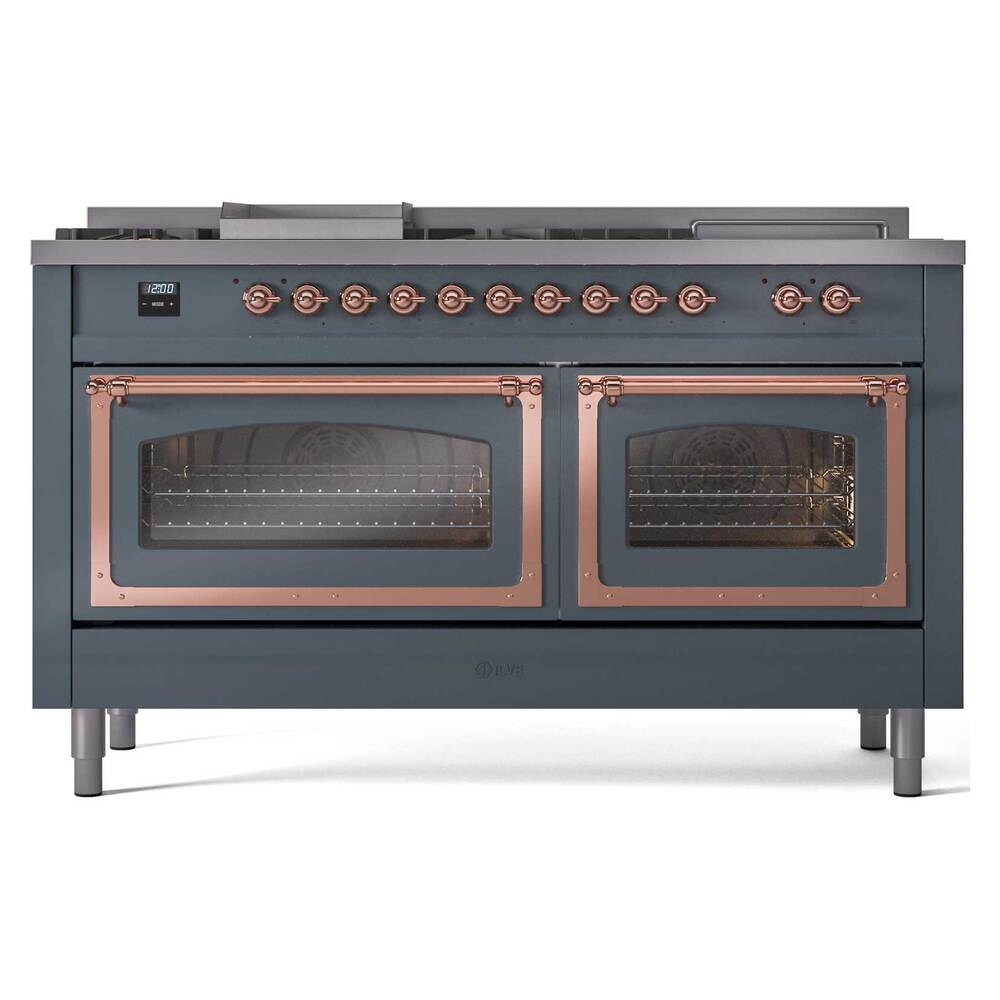 Ilve UN60FSNMPBGP Ilve Un60Fsnmpbgp Nostalgie Ii Noblesse 60" Dual Fuel Range (7 Sealed Burners + Griddle + French Top, Natural Gas, Triple Glass Door, Blue Grey, Copper)