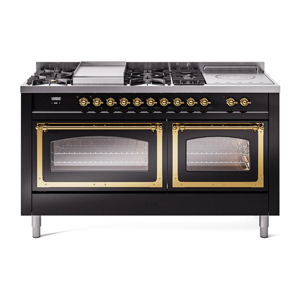 Ilve UN60FSNMPBKG Ilve Un60Fsnmpbkg Nostalgie Ii Noblesse 60" Dual Fuel Range (7 Sealed Burners + Griddle + French Top, Natural Gas, Triple Glass Door, Glossy Black, Brass)