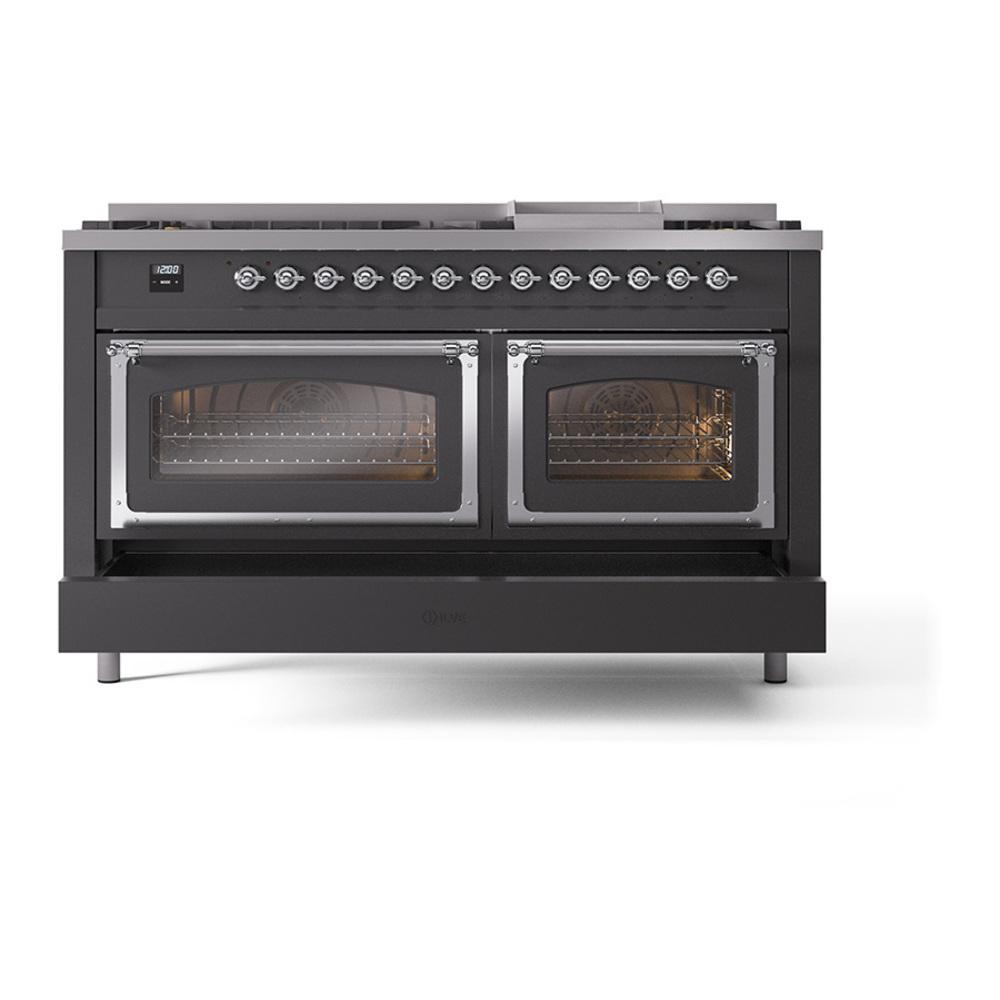Ilve UN60FNMPMGCLP Ilve Un60Fnmpmgclp Nostalgie Ii Noblesse 60" Dual Fuel Range (9 Sealed Burners + Griddle, Liquid Propane, Triple Glass Door, Graphite Matte, Chrome)