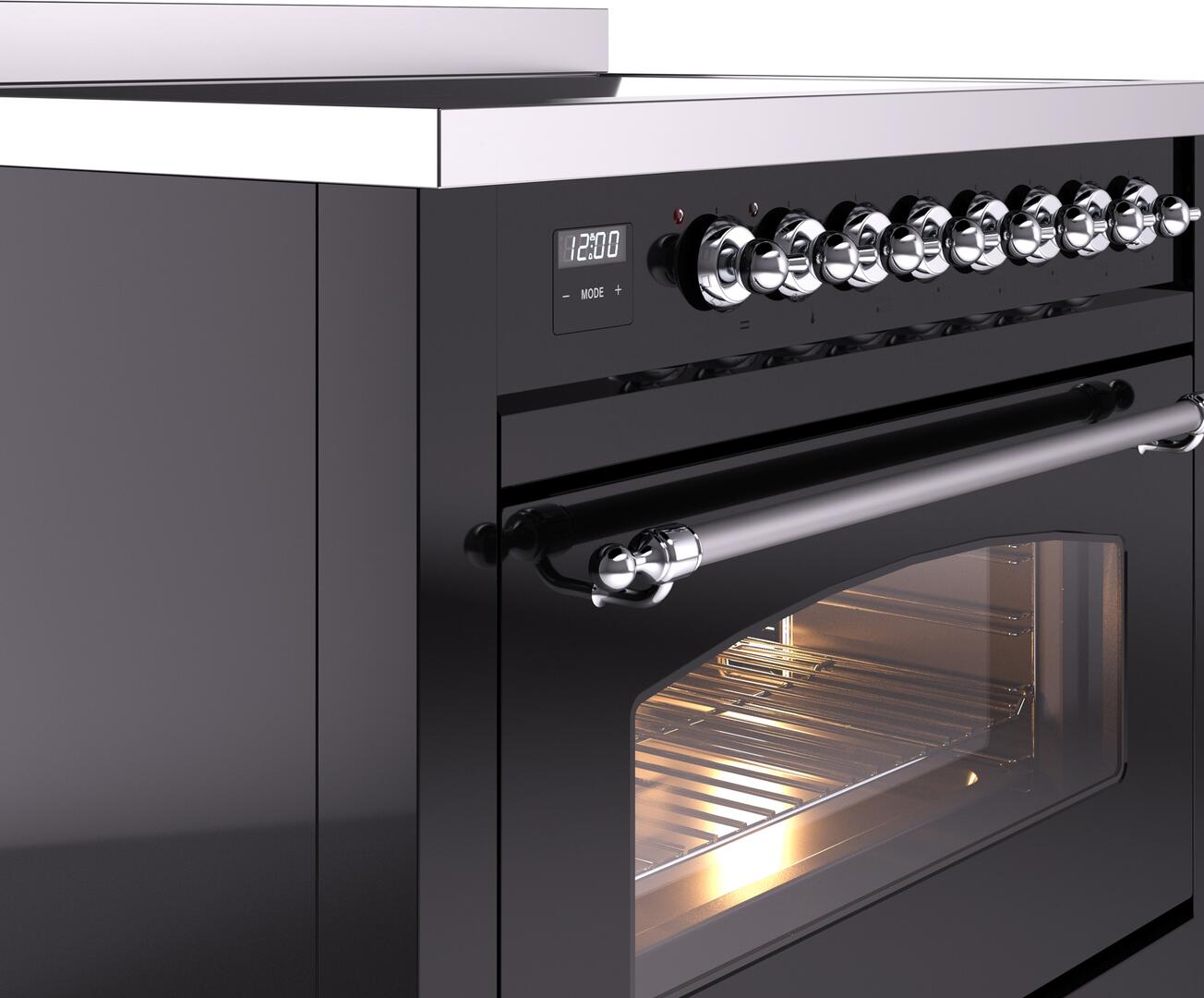 Ilve UPI366NMPBKC Nostalgie Ii 36 Inch Electric Freestanding Range In Glossy Black With Chrome Trim