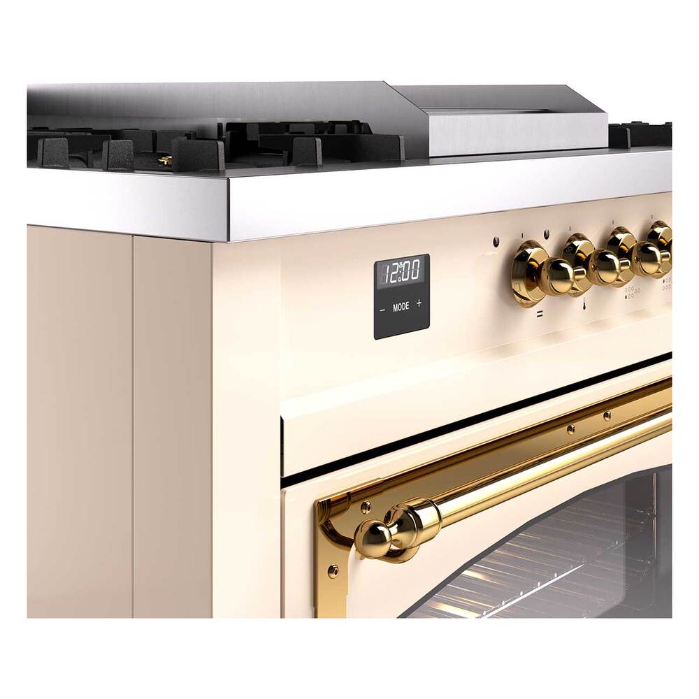 Ilve UN60FSNMPAWG Ilve Un60Fsnmpawg Nostalgie Ii Noblesse 60" Dual Fuel Range (7 Sealed Burners + Griddle + French Top, Natural Gas, Triple Glass Door, Antique White, Brass)