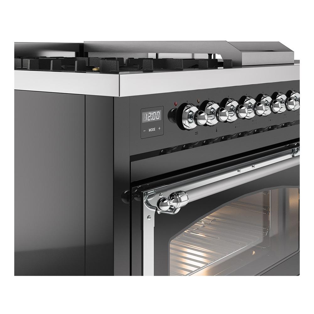 Ilve UN48FSNMPBKC Ilve Un48Fsnmpbkc Nostalgie Ii Noblesse 48" Dual Fuel Range (5 Sealed Burners + Griddle + French Top, Natural Gas, Triple Glass Door, Glossy Black, Chrome)