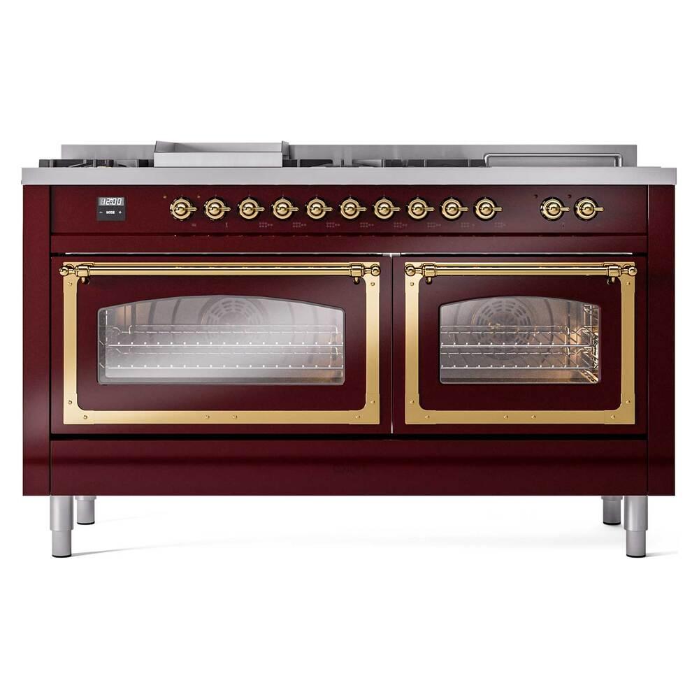 Ilve UN60FSNMPBUGLP Ilve Un60Fsnmpbuglp Nostalgie Ii Noblesse 60" Dual Fuel Range (7 Sealed Burners + Griddle + French Top, Liquid Propane, Triple Glass Door, Burgundy, Brass)