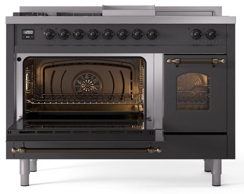 Ilve UP48FSNMPMGB Nostalgie Ii 48 Inch Dual Fuel Natural Gas Freestanding Range In Matte Graphite With Bronze Trim