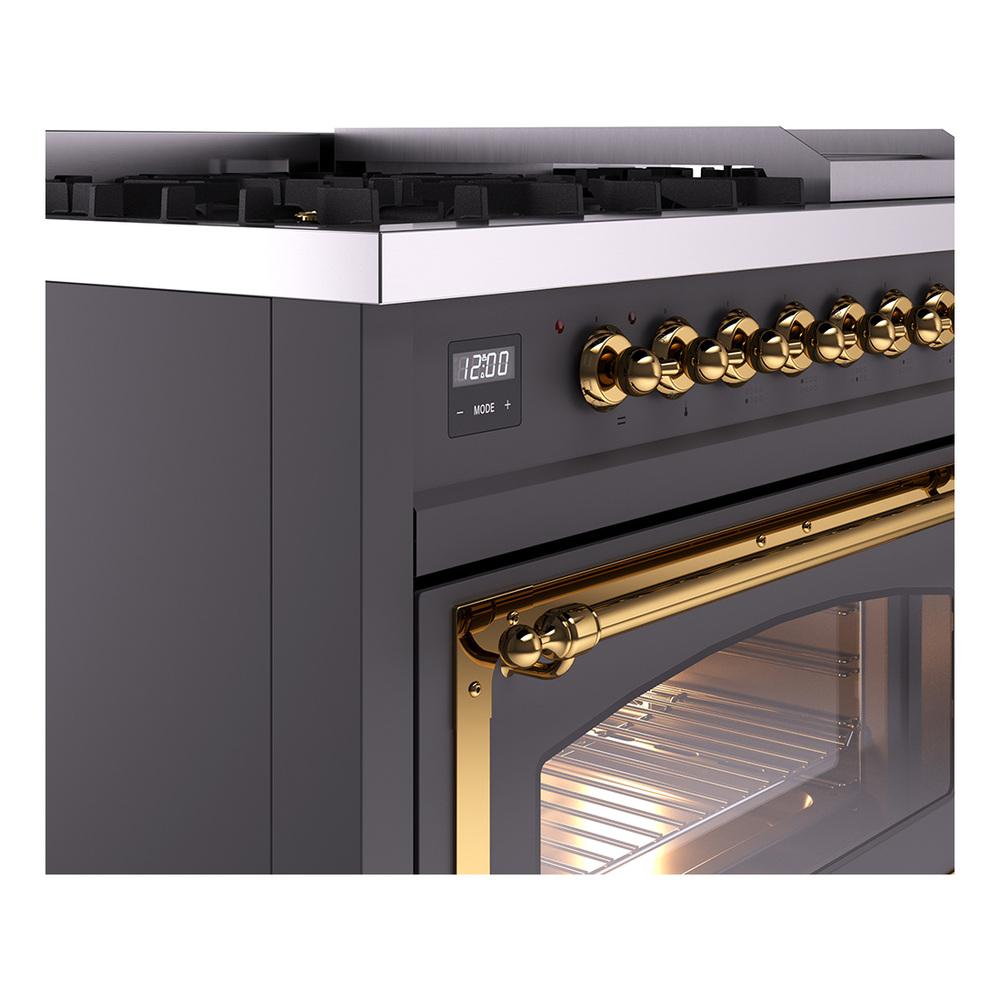 Ilve UN48FNMPMGGLP Ilve Un48Fnmpmgglp Nostalgie Ii Noblesse 48" Dual Fuel Range (8 Sealed Burners + Griddle, Liquid Propane, Triple Glass Door, Graphite Matte, Brass)