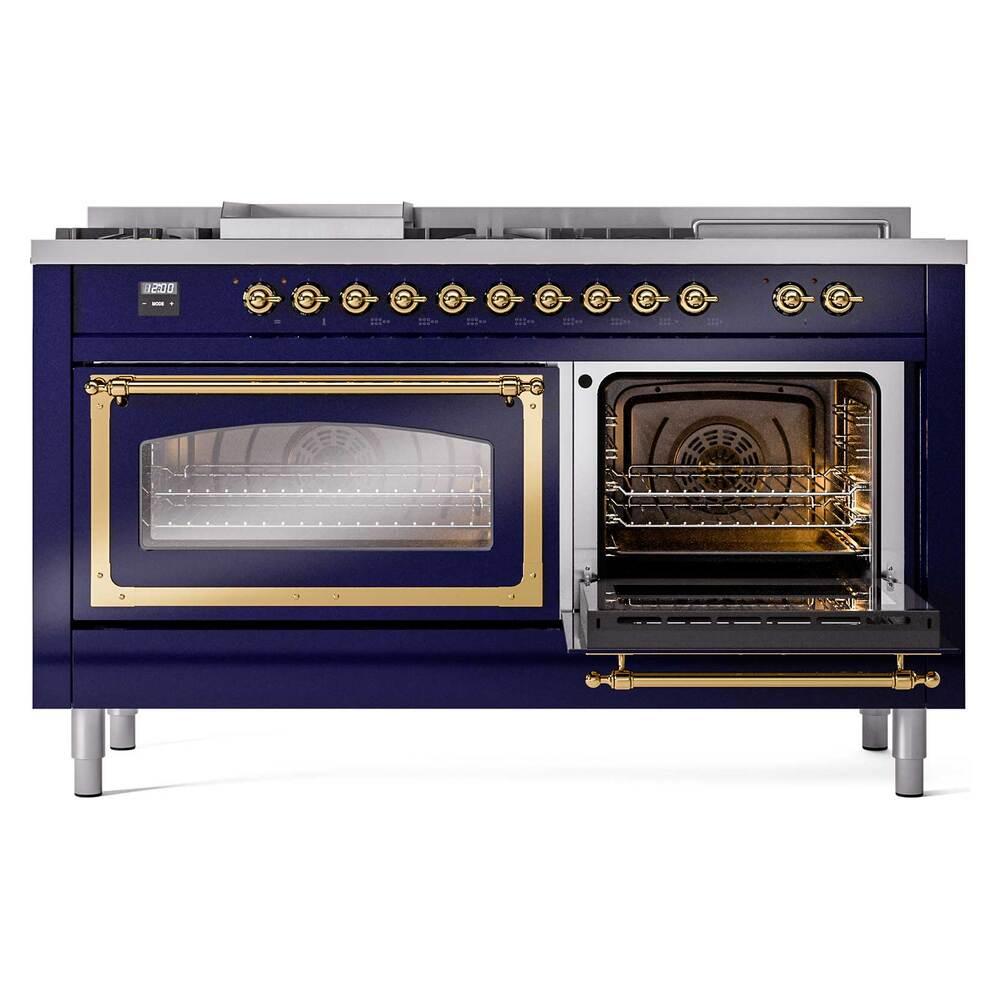 Ilve UN60FSNMPMBG Ilve Un60Fsnmpmbg Nostalgie Ii Noblesse 60" Dual Fuel Range (7 Sealed Burners + Griddle + French Top, Natural Gas, Triple Glass Door, Midnight Blue, Brass)