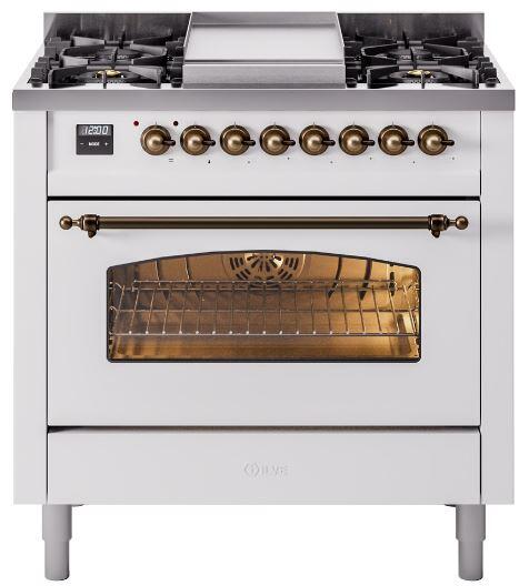 Ilve UP36FNMPWHBLP Nostalgie Ii 36 Inch Dual Fuel Liquid Propane Freestanding Range In White With Bronze Trim