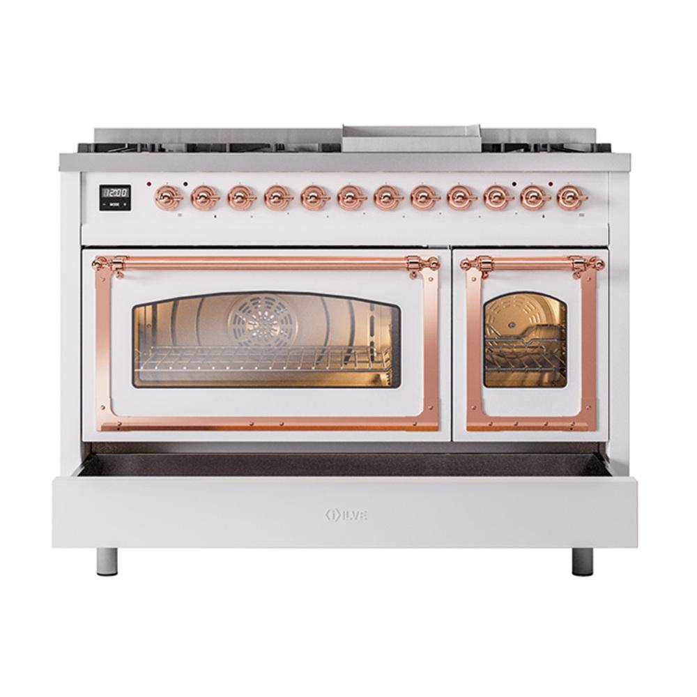 Ilve UN48FNMPWHP Ilve Un48Fnmpwhp Nostalgie Ii Noblesse 48" Dual Fuel Range (8 Sealed Burners + Griddle, Natural Gas, Triple Glass Door, White, Copper)