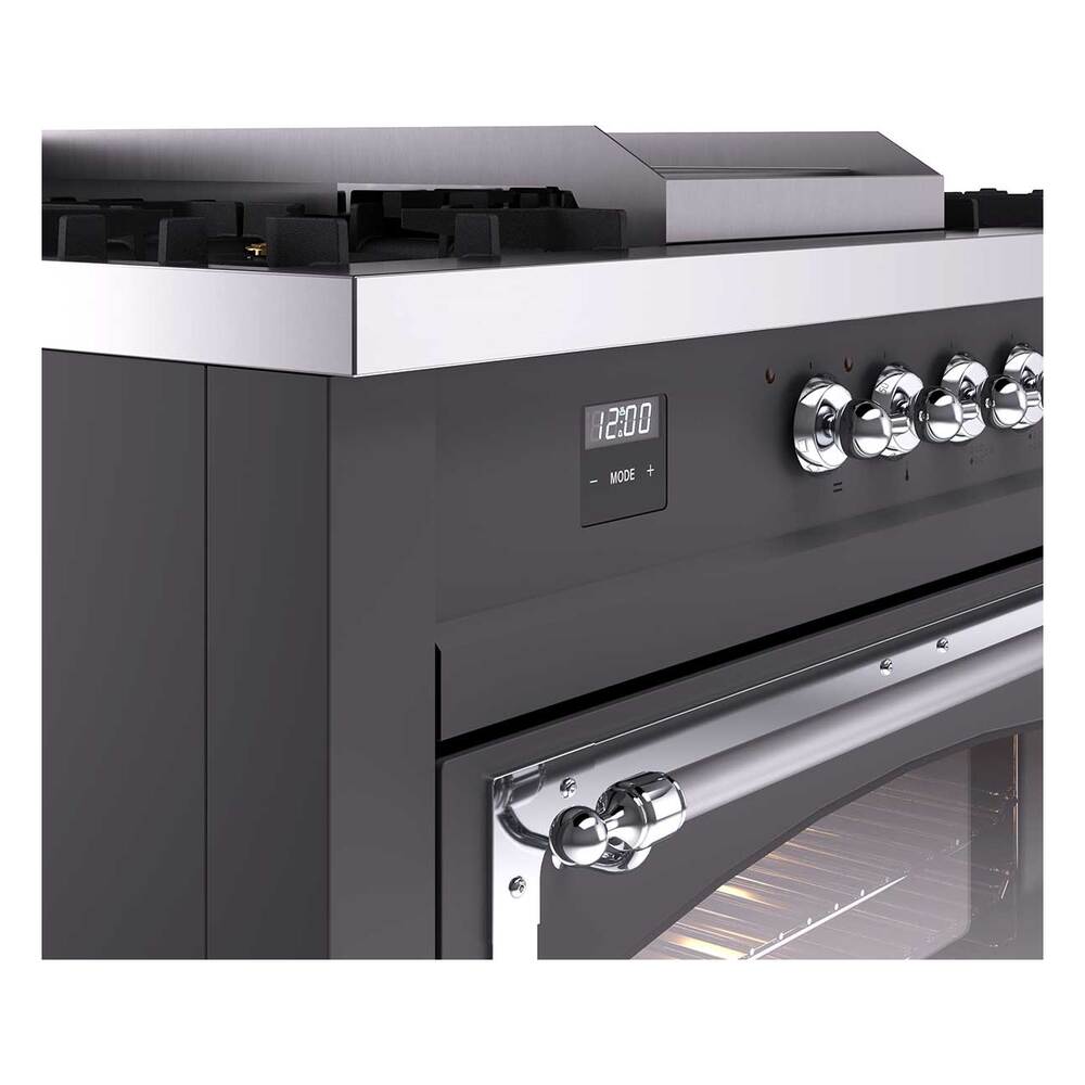 Ilve UN60FSNMPMGCLP Ilve Un60Fsnmpmgclp Nostalgie Ii Noblesse 60" Dual Fuel Range (7 Sealed Burners + Griddle + French Top, Liquid Propane, Triple Glass Door, Graphite Matte, Chrome)