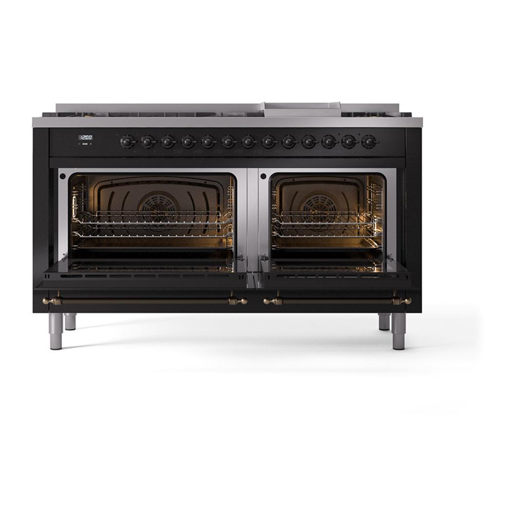 Ilve UN60FQNMPBKB Ilve Un60Fqnmpbkb Nostalgie Ii Noblesse 60" Dual Fuel Range (9 Sealed Burners + Griddle, Natural Gas, Solid Door, Glossy Black, Burnished)