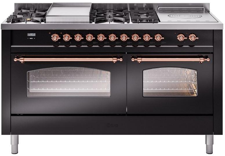 Ilve UP60FSNMPBKPLP Nostalgie Ii 60 Inch Dual Fuel Liquid Propane Freestanding Range In Glossy Black With Copper Trim