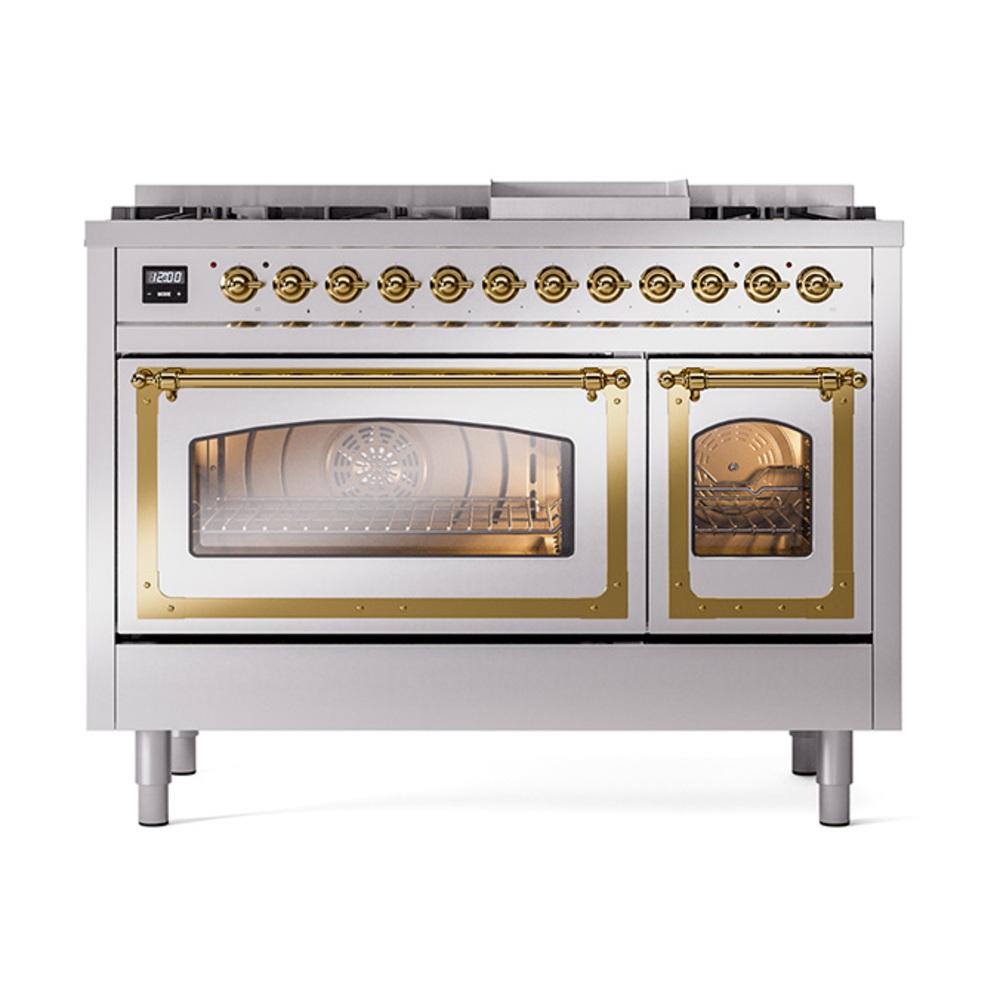 Ilve UN48FNMPSSGLP Ilve Un48Fnmpssglp Nostalgie Ii Noblesse 48" Dual Fuel Range (8 Sealed Burners + Griddle, Liquid Propane, Triple Glass Door, Stainless Steel, Brass)