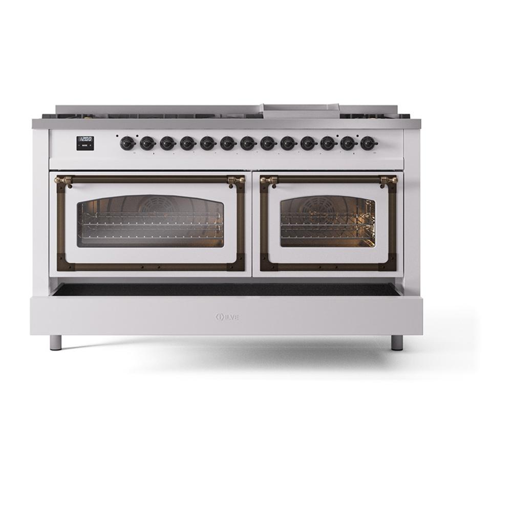 Ilve UN60FNMPWHB Ilve Un60Fnmpwhb Nostalgie Ii Noblesse 60" Dual Fuel Range (9 Sealed Burners + Griddle, Natural Gas, Triple Glass Door, White, Burnished)