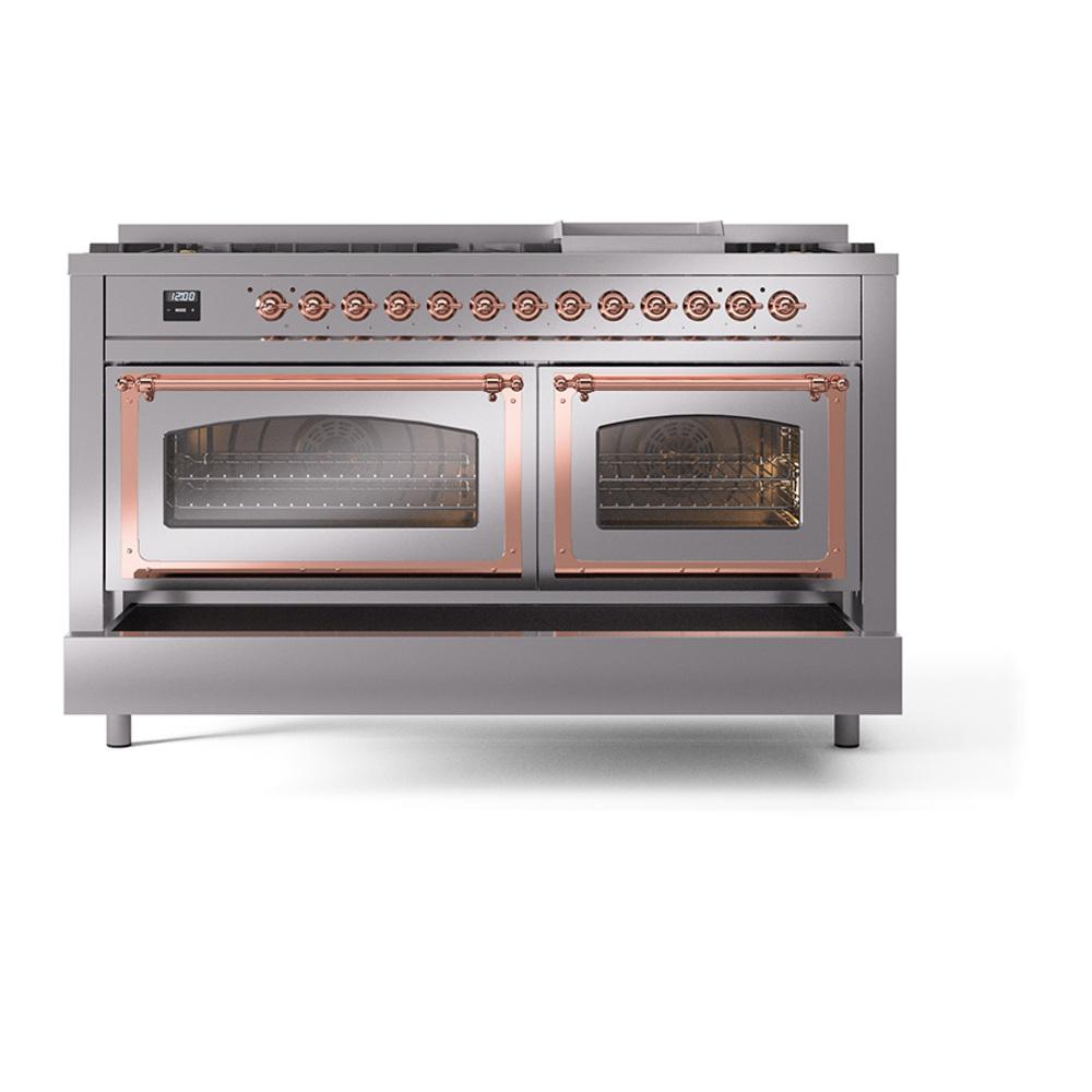 Ilve UN60FNMPSSPLP Ilve Un60Fnmpssplp Nostalgie Ii Noblesse 60" Dual Fuel Range (9 Sealed Burners + Griddle, Liquid Propane, Triple Glass Door, Stainless Steel, Copper)