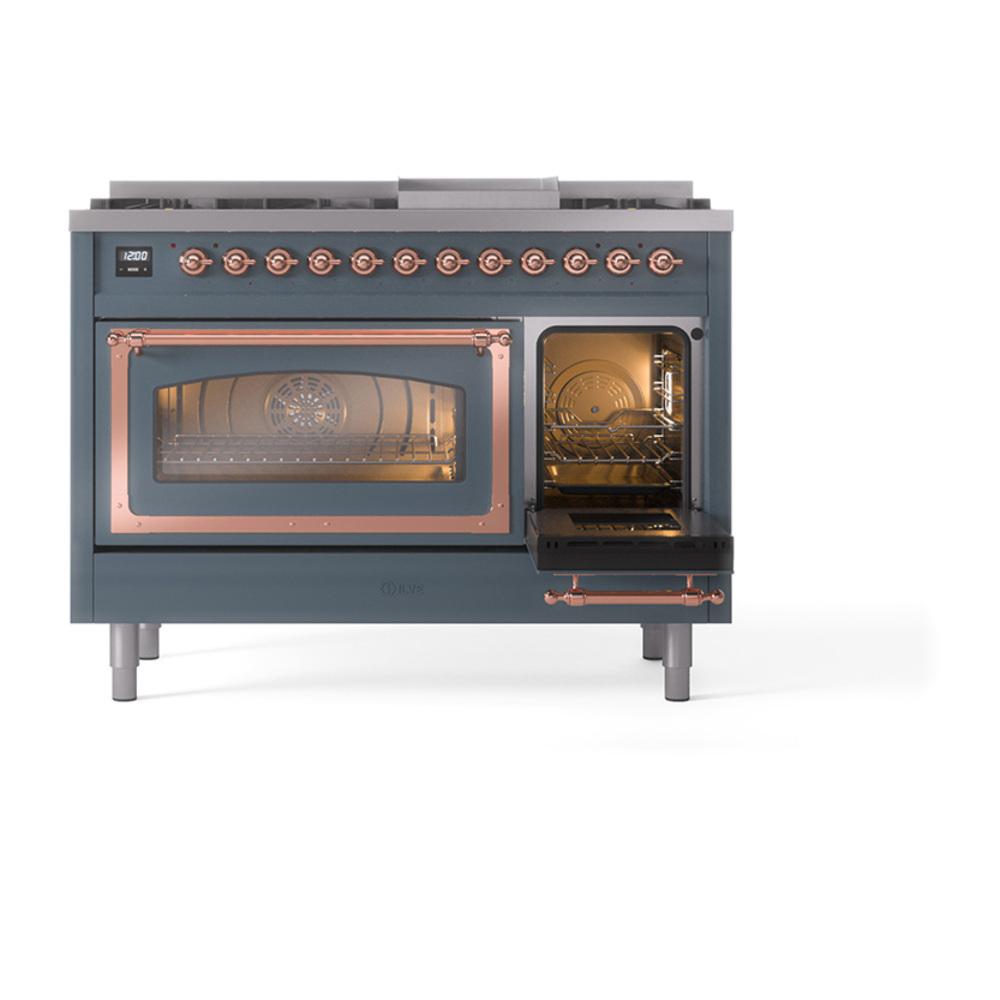 Ilve UN48FNMPBGP Ilve Un48Fnmpbgp Nostalgie Ii Noblesse 48" Dual Fuel Range (8 Sealed Burners + Griddle, Natural Gas, Triple Glass Door, Blue Grey, Copper)