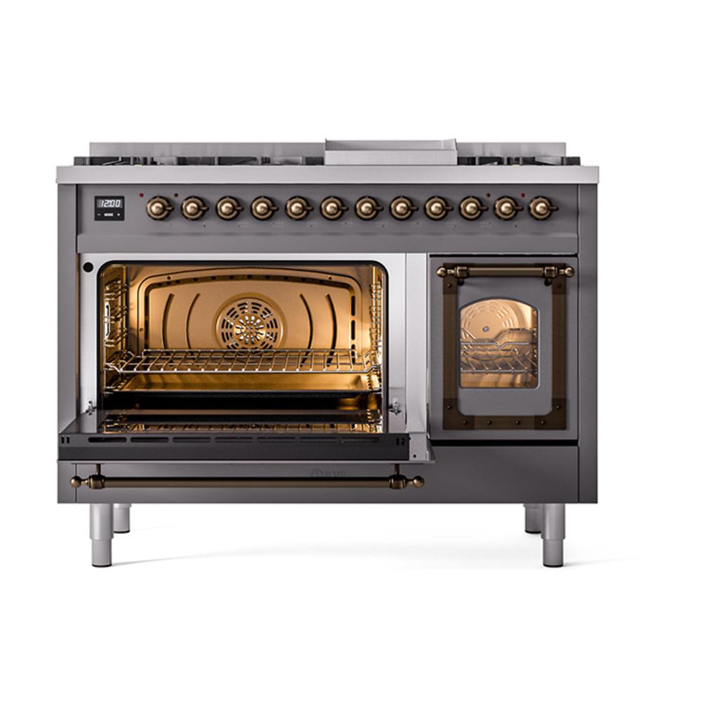 Ilve UN48FNMPMGBLP Ilve Un48Fnmpmgblp Nostalgie Ii Noblesse 48" Dual Fuel Range (8 Sealed Burners + Griddle, Liquid Propane, Triple Glass Door, Graphite Matte, Burnished)