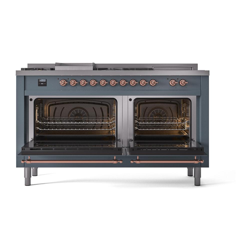 Ilve UN60FSNMPBGPLP Ilve Un60Fsnmpbgplp Nostalgie Ii Noblesse 60" Dual Fuel Range (7 Sealed Burners + Griddle + French Top, Liquid Propane, Triple Glass Door, Blue Grey, Copper)
