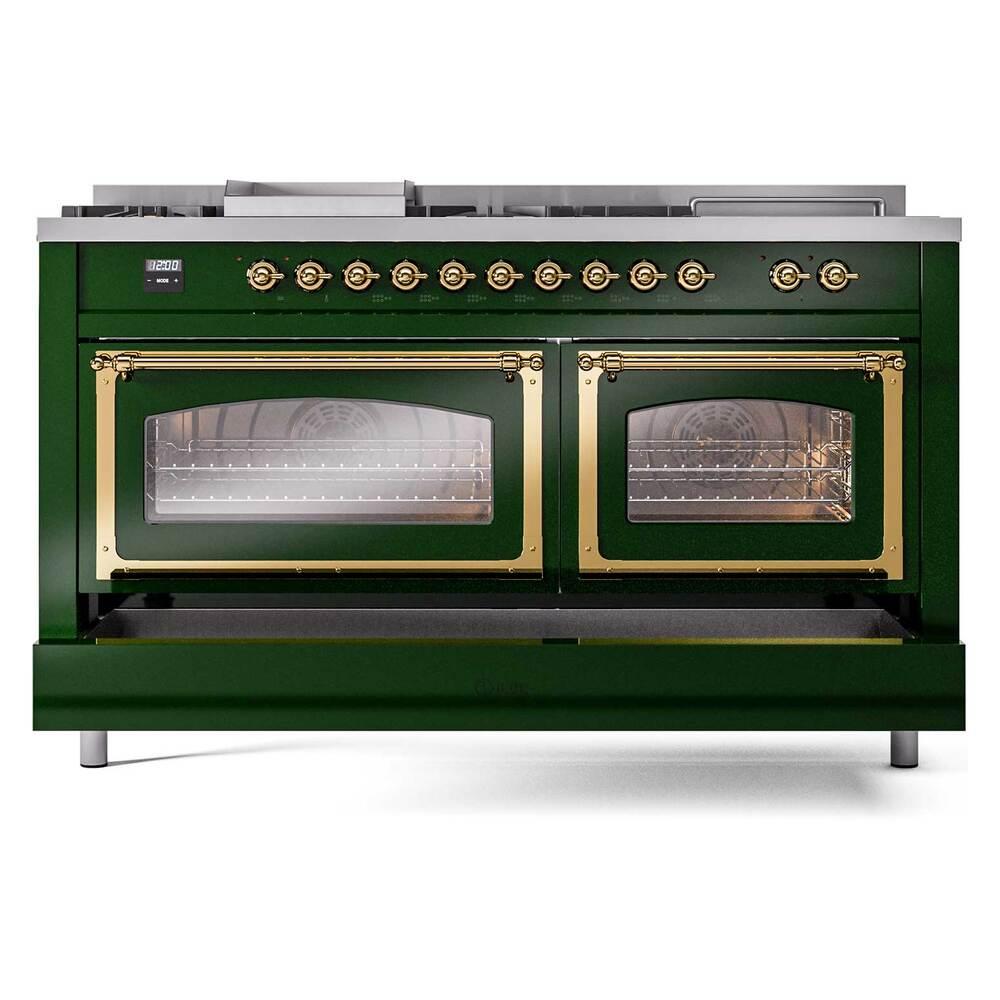 Ilve UN60FSNMPEGG Ilve Un60Fsnmpegg Nostalgie Ii Noblesse 60" Dual Fuel Range (7 Sealed Burners + Griddle + French Top, Natural Gas, Triple Glass Door, Emerald Green, Brass)