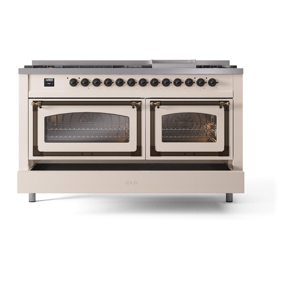 Ilve UN60FNMPAWB Ilve Un60Fnmpawb Nostalgie Ii Noblesse 60" Dual Fuel Range (9 Sealed Burners + Griddle, Natural Gas, Triple Glass Door, Antique White, Burnished)