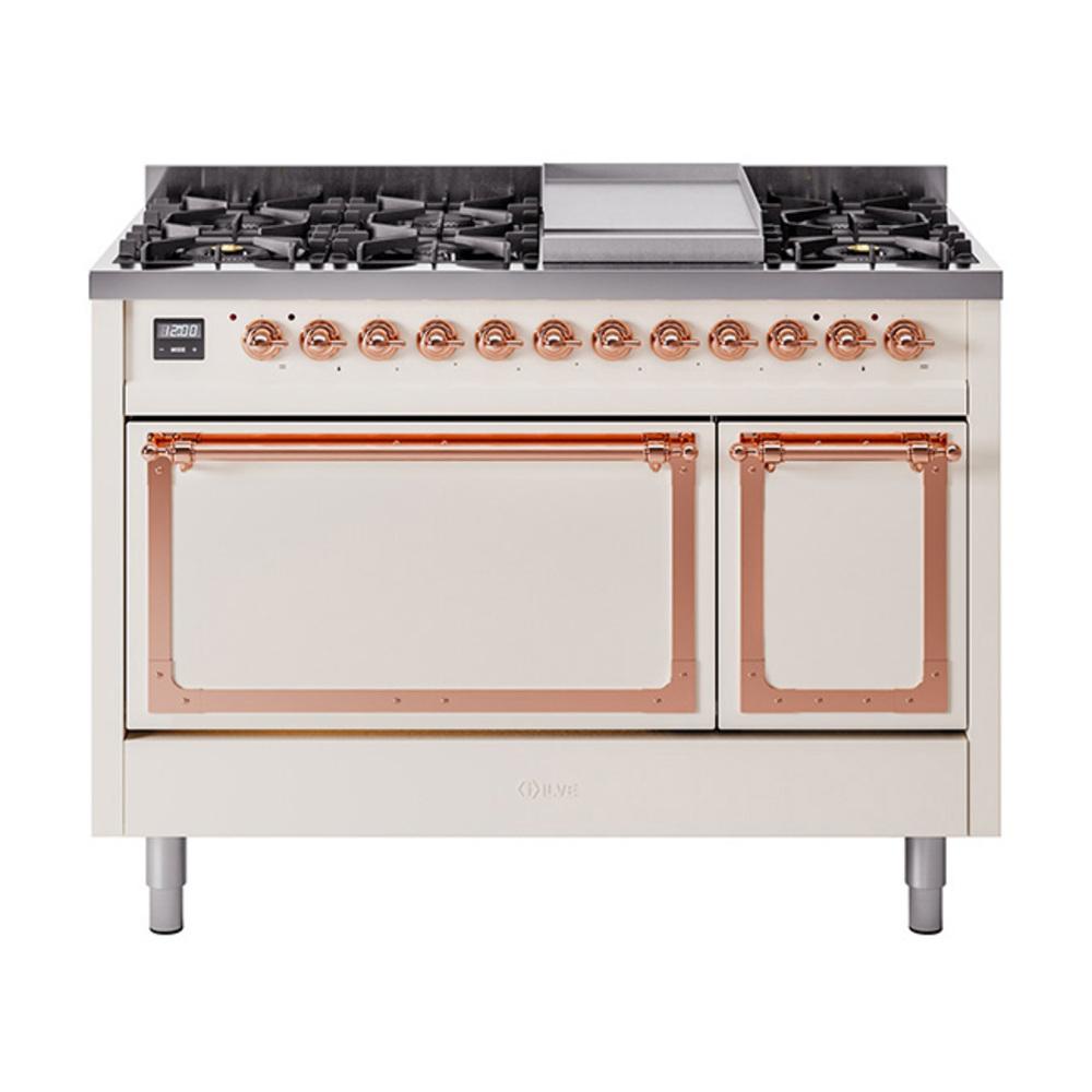 Ilve UN48FQNMPAWPLP Ilve Un48Fqnmpawplp Nostalgie Ii Noblesse 48" Dual Fuel Range (8 Sealed Burners + Griddle, Liquid Propane, Solid Door, Antique White, Copper)