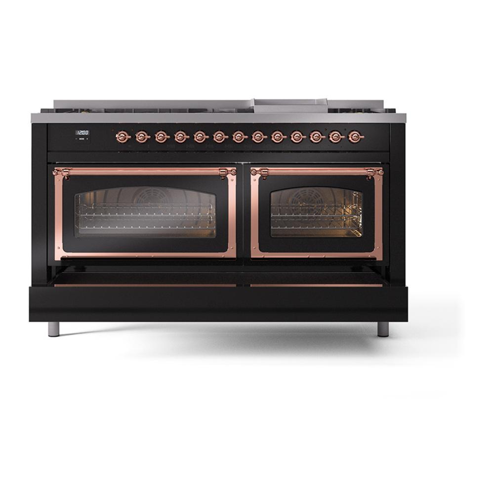 Ilve UN60FNMPBKP Ilve Un60Fnmpbkp Nostalgie Ii Noblesse 60" Dual Fuel Range (9 Sealed Burners + Griddle, Natural Gas, Triple Glass Door, Glossy Black, Copper)