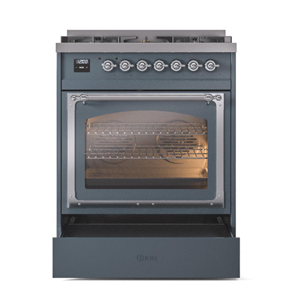 Ilve UN30NMPBGCLP Ilve Un30Nmpbgclp Nostalgie Ii Noblesse 30" Dual Fuel Range (Liquid Propane, Triple Glass Door, Blue Grey, Chrome)