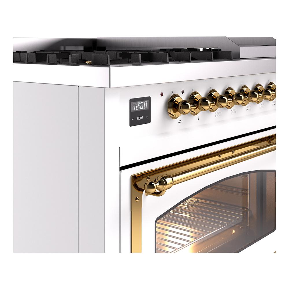 Ilve UN48FNMPWHGLP Ilve Un48Fnmpwhglp Nostalgie Ii Noblesse 48" Dual Fuel Range (8 Sealed Burners + Griddle, Liquid Propane, Triple Glass Door, White, Brass)