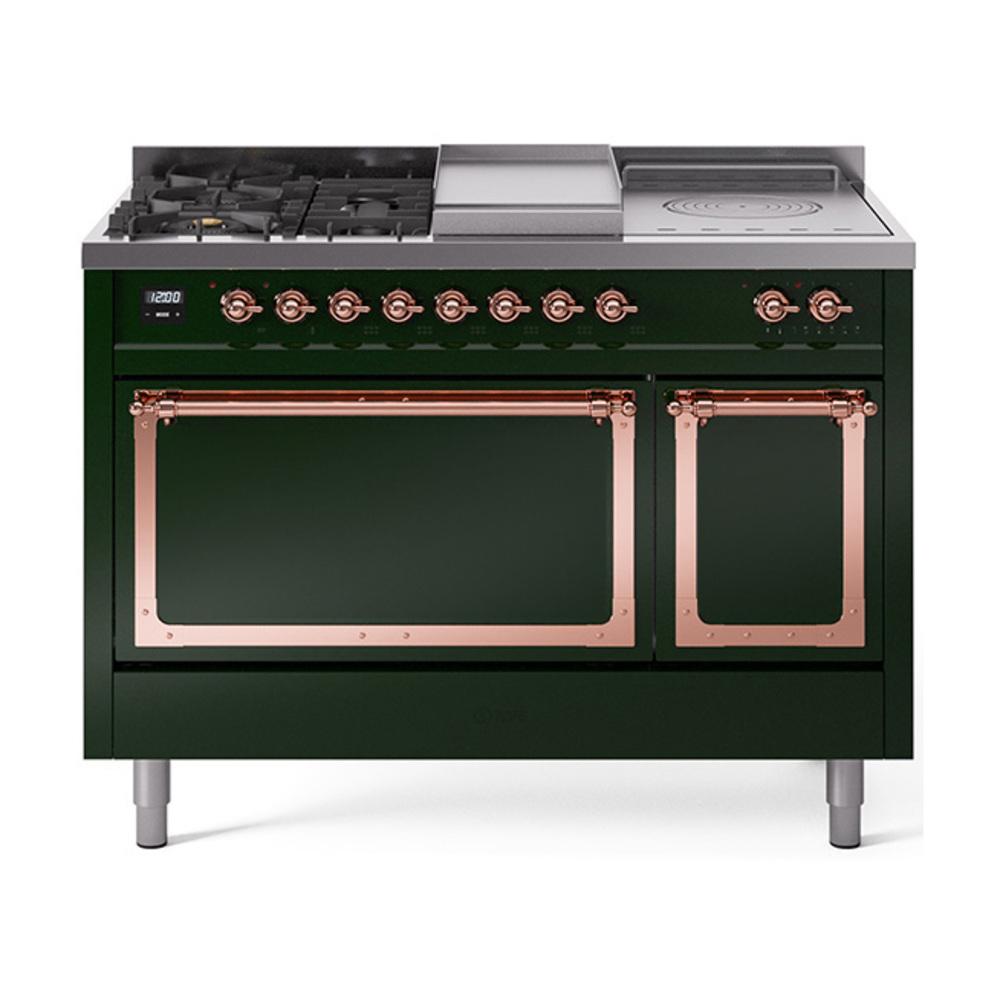 Ilve UN48FSQNMPEGPLP Ilve Un48Fsqnmpegplp Nostalgie Ii Noblesse 48" Dual Fuel Range (5 Sealed Burners + Griddle + French Top, Liquid Propane, Solid Door, Emerald Green, Copper)