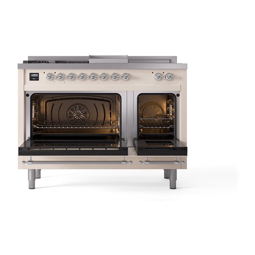 Ilve UN48FSNMPAWCLP Ilve Un48Fsnmpawclp Nostalgie Ii Noblesse 48" Dual Fuel Range (5 Sealed Burners + Griddle + French Top, Liquid Propane, Triple Glass Door, Antique White, Chrome)
