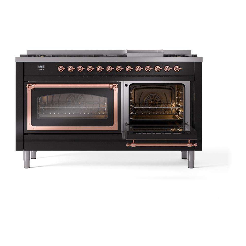 Ilve UN60FNMPBKP Ilve Un60Fnmpbkp Nostalgie Ii Noblesse 60" Dual Fuel Range (9 Sealed Burners + Griddle, Natural Gas, Triple Glass Door, Glossy Black, Copper)