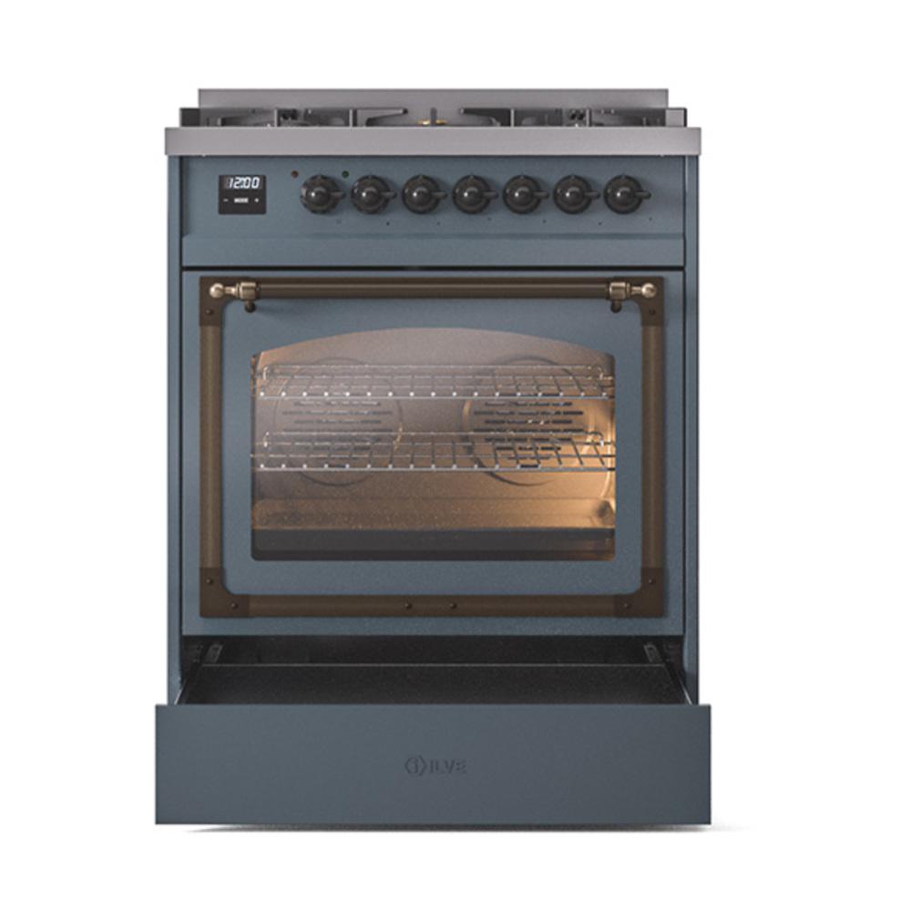 Ilve UN30NMPBGB Ilve Un30Nmpbgb Nostalgie Ii Noblesse 30" Dual Fuel Range (Natural Gas, Triple Glass Door, Blue Grey, Burnished)