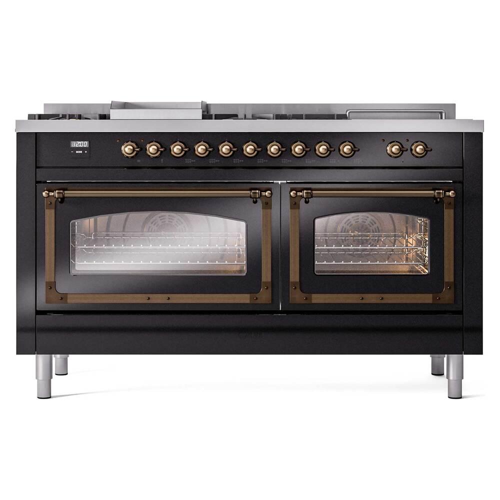 Ilve UN60FSNMPBKB Ilve Un60Fsnmpbkb Nostalgie Ii Noblesse 60" Dual Fuel Range (7 Sealed Burners + Griddle + French Top, Natural Gas, Triple Glass Door, Glossy Black, Burnished)