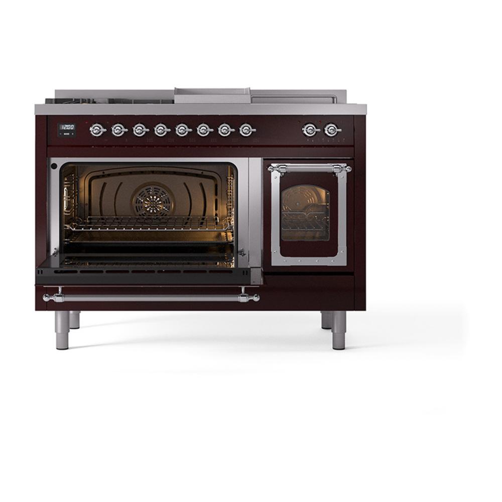Ilve UN48FSNMPBUCLP Ilve Un48Fsnmpbuclp Nostalgie Ii Noblesse 48" Dual Fuel Range (5 Sealed Burners + Griddle + French Top, Liquid Propane, Triple Glass Door, Burgundy, Chrome)
