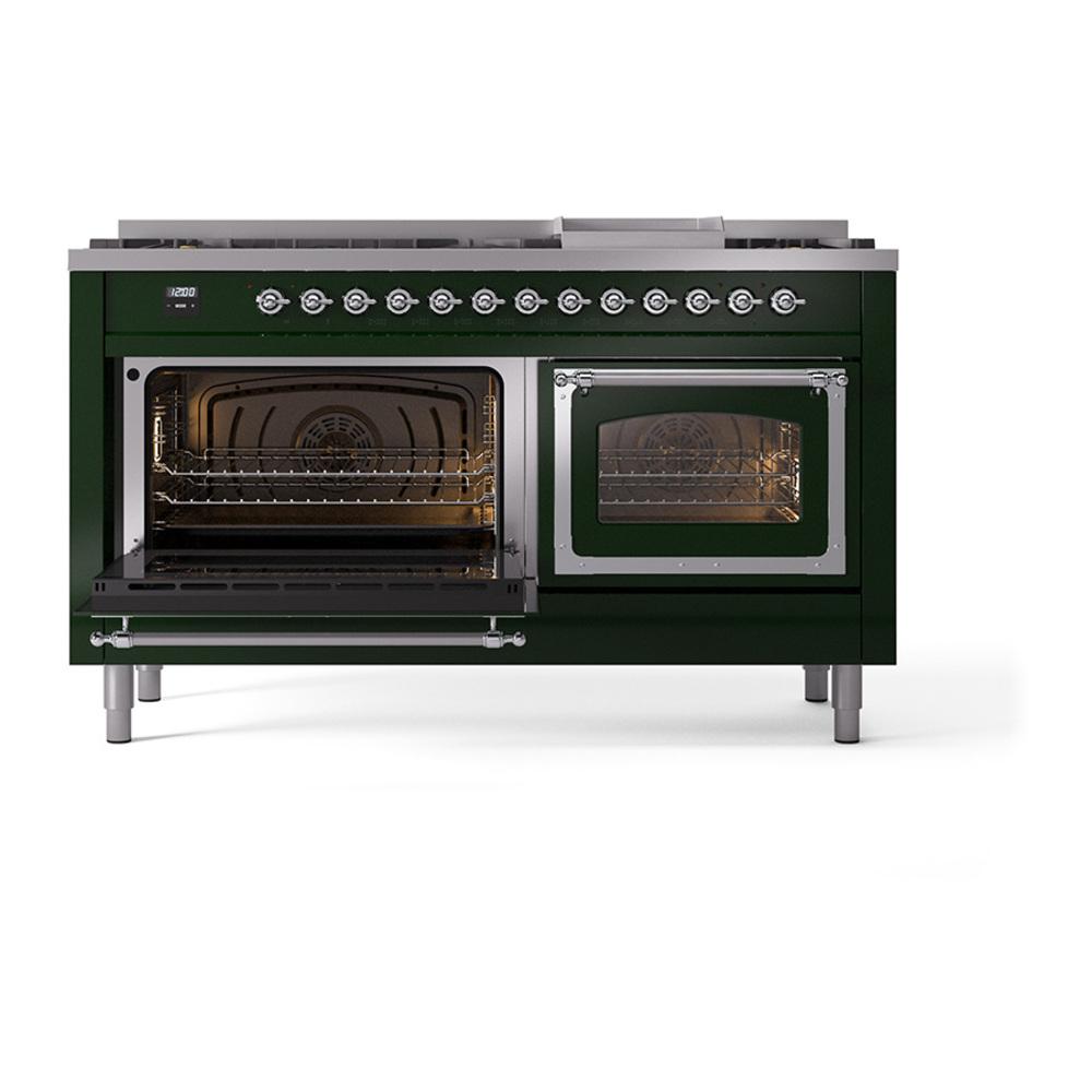 Ilve UN60FNMPEGCLP Ilve Un60Fnmpegclp Nostalgie Ii Noblesse 60" Dual Fuel Range (9 Sealed Burners + Griddle, Liquid Propane, Triple Glass Door, Emerald Green, Chrome)