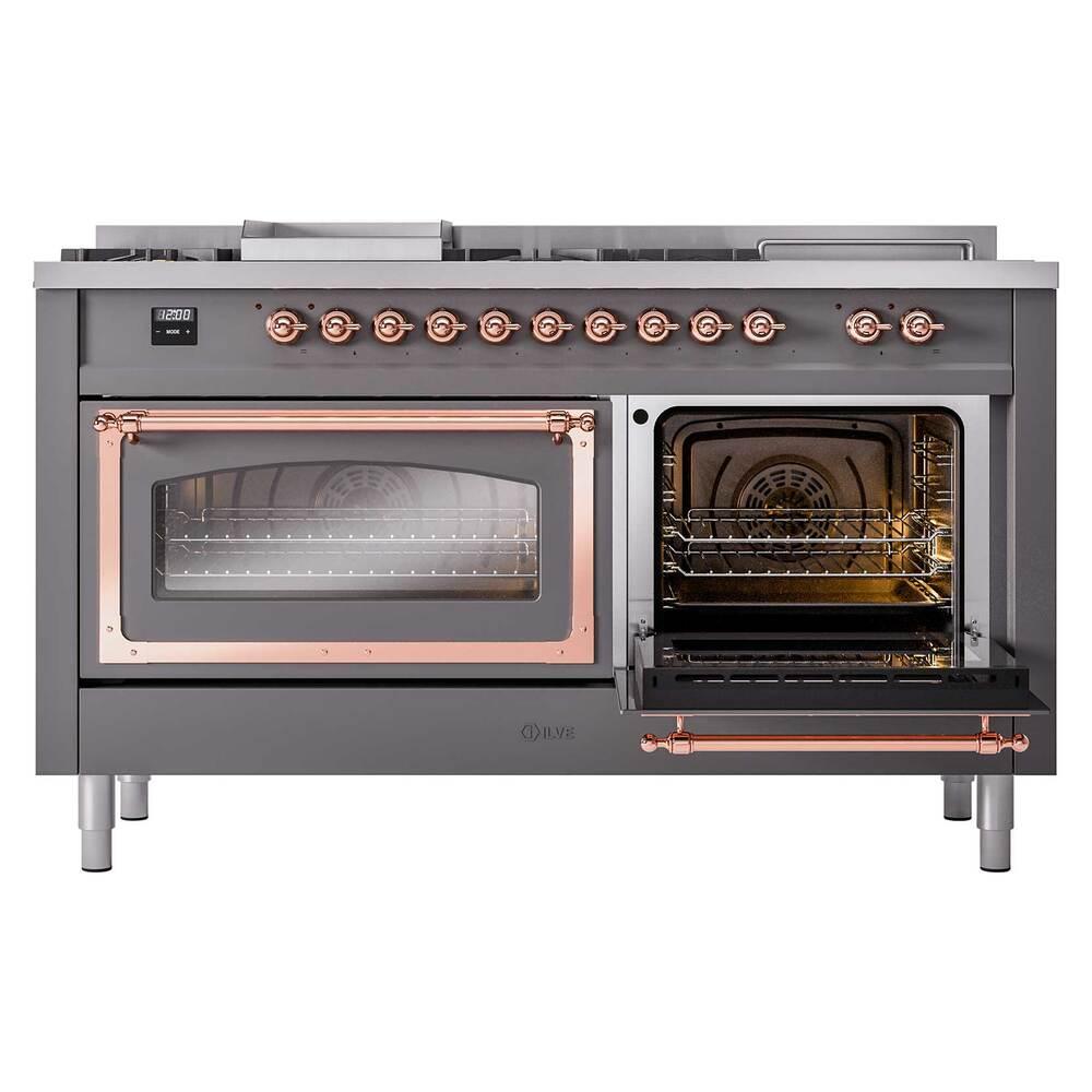 Ilve UN60FSNMPMGP Ilve Un60Fsnmpmgp Nostalgie Ii Noblesse 60" Dual Fuel Range (7 Sealed Burners + Griddle + French Top, Natural Gas, Triple Glass Door, Graphite Matte, Copper)