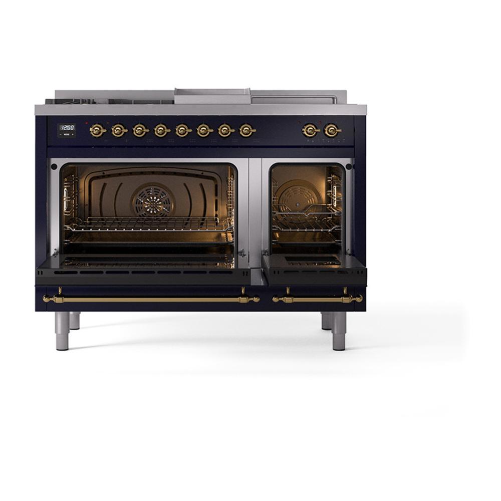Ilve UN48FSQNMPMBGLP Ilve Un48Fsqnmpmbglp Nostalgie Ii Noblesse 48" Dual Fuel Range (5 Sealed Burners + Griddle + French Top, Liquid Propane, Solid Door, Midnight Blue, Brass)