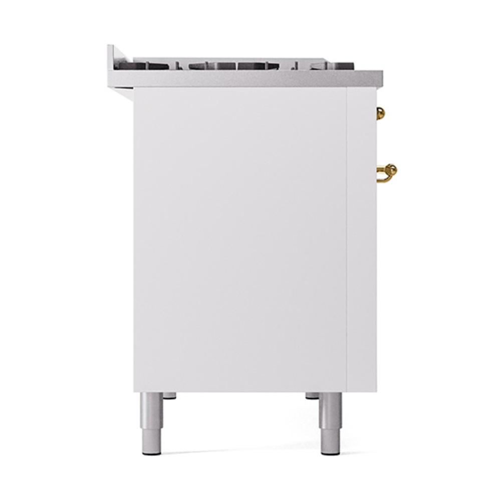 Ilve UN48FQNMPWHGLP Ilve Un48Fqnmpwhglp Nostalgie Ii Noblesse 48" Dual Fuel Range (8 Sealed Burners + Griddle, Liquid Propane, Solid Door, White, Brass)