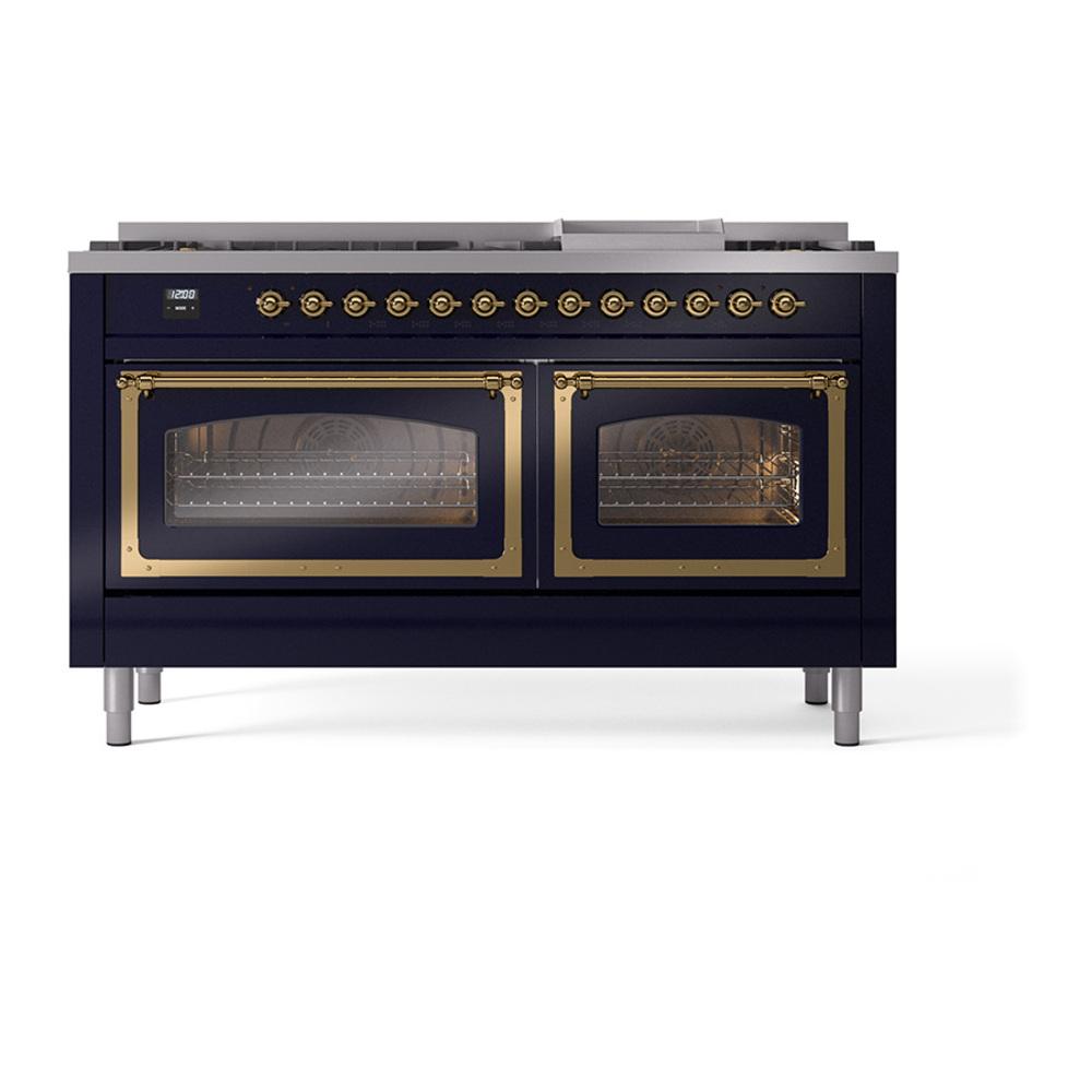Ilve UN60FNMPMBGLP Ilve Un60Fnmpmbglp Nostalgie Ii Noblesse 60" Dual Fuel Range (9 Sealed Burners + Griddle, Liquid Propane, Triple Glass Door, Midnight Blue, Brass)