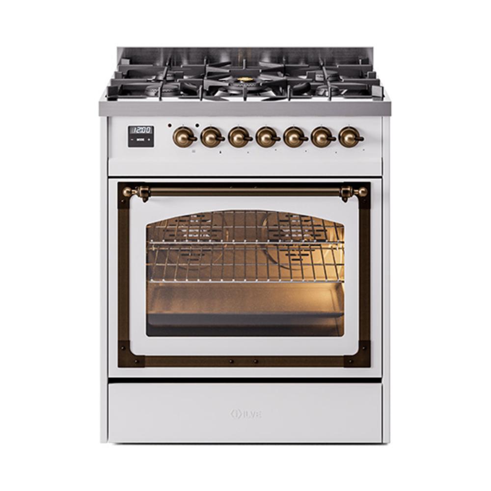 Ilve UN30NMPWHB Ilve Un30Nmpwhb Nostalgie Ii Noblesse 30" Dual Fuel Range (Natural Gas, Triple Glass Door, White, Burnished)