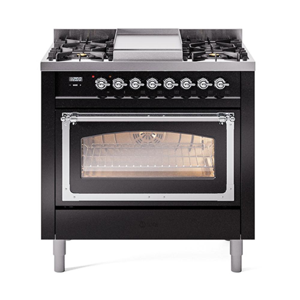 Ilve UN36FNMPBKCLP Ilve Un36Fnmpbkclp Nostalgie Ii Noblesse 36" Dual Fuel Range (Liquid Propane, Triple Glass Door, Glossy Black, Chrome)