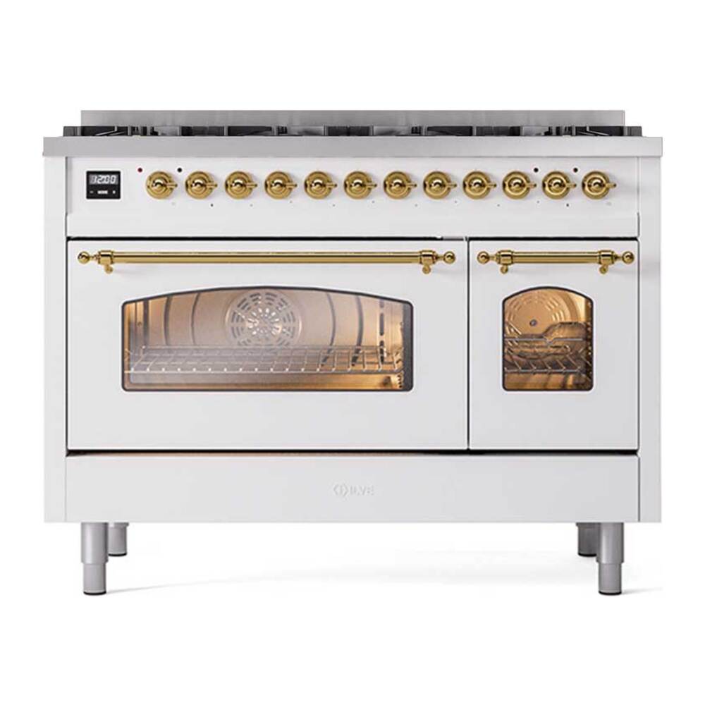 Ilve UP488NMPWHGLP Ilve Up488Nmpwhglp Nostalgie Ii 48 Inch Dual Fuel Range With 8 Total Black Brass Sealed Burners, Brass Trim (Limited Edition) (Liquid Propane, White)