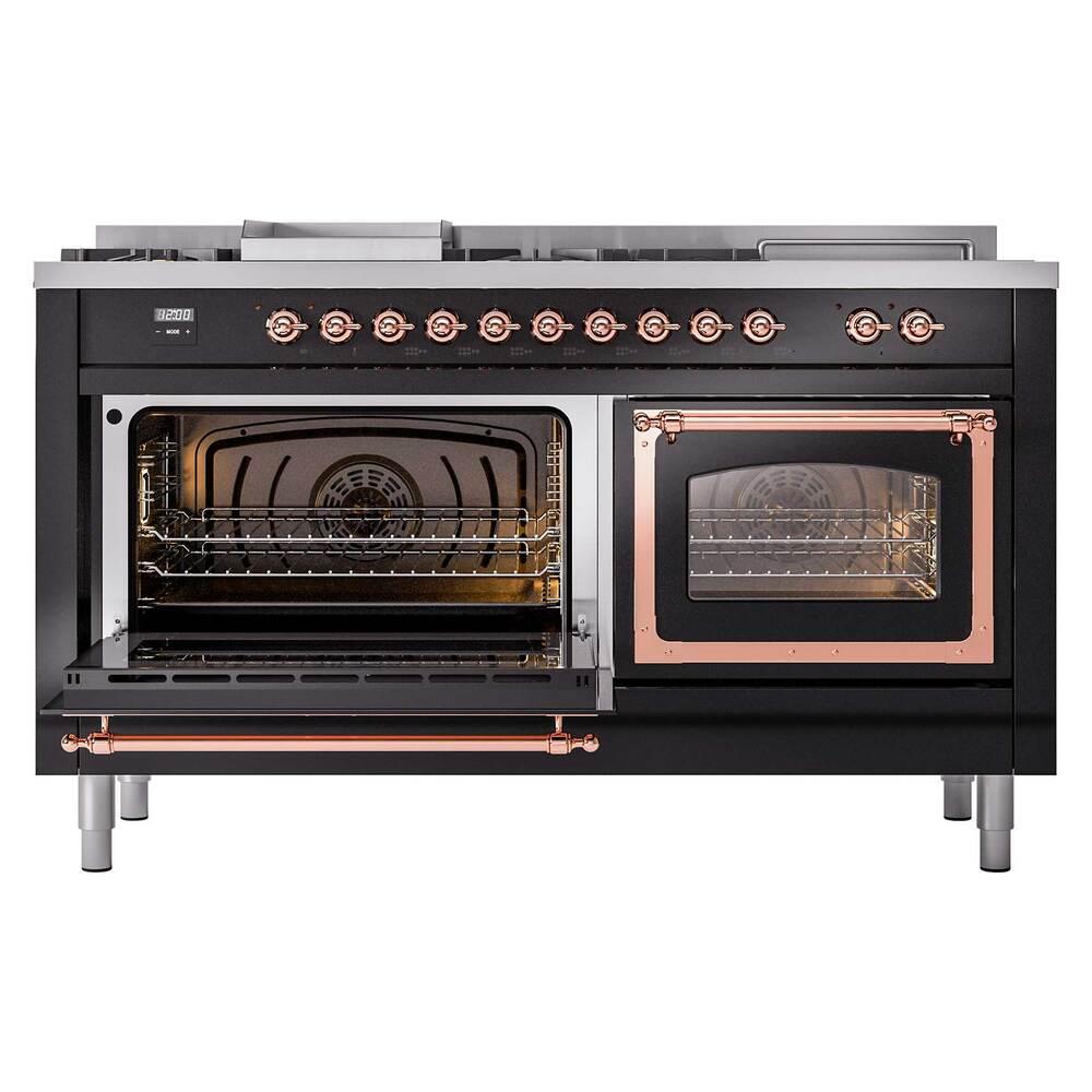 Ilve UN60FSNMPBKP Ilve Un60Fsnmpbkp Nostalgie Ii Noblesse 60" Dual Fuel Range (7 Sealed Burners + Griddle + French Top, Natural Gas, Triple Glass Door, Glossy Black, Copper)