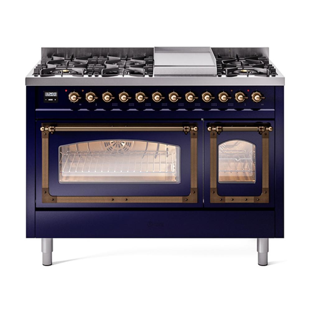 Ilve UN48FNMPMBB Ilve Un48Fnmpmbb Nostalgie Ii Noblesse 48" Dual Fuel Range (8 Sealed Burners + Griddle, Natural Gas, Triple Glass Door, Midnight Blue, Burnished)