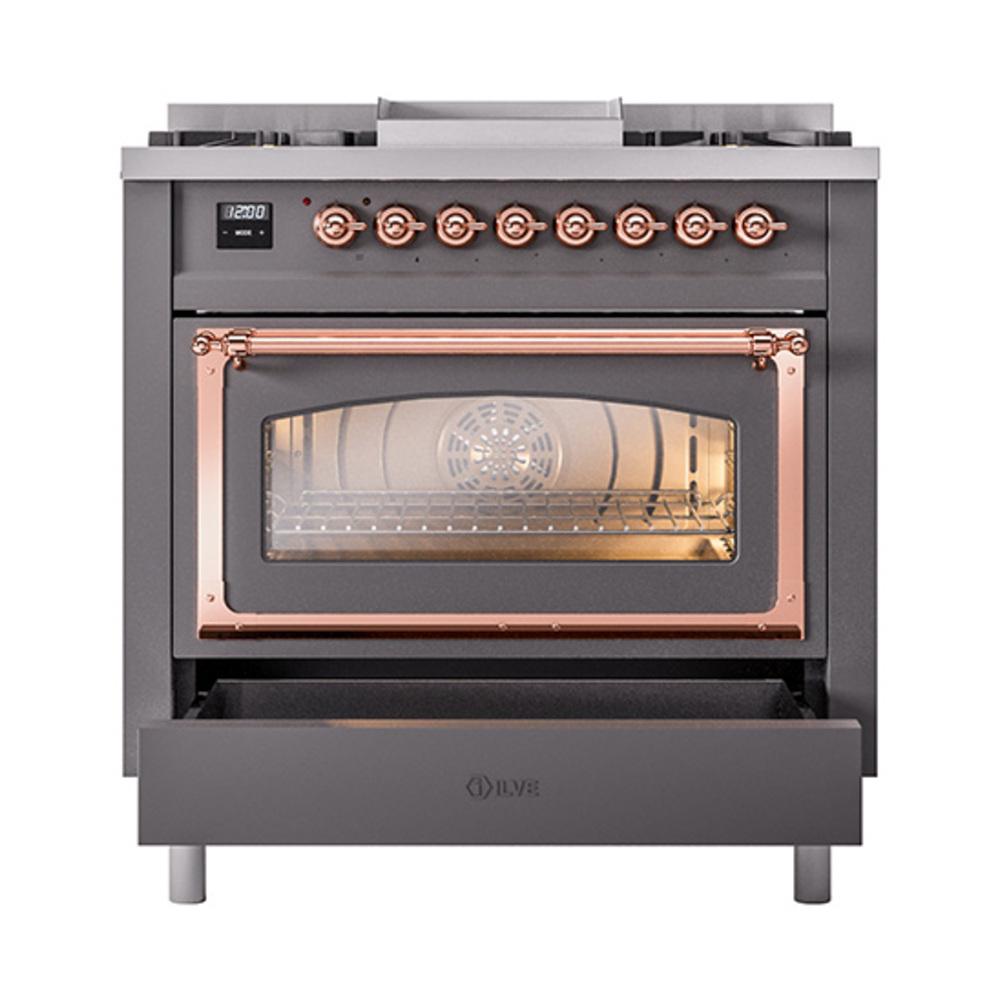 Ilve UN36FNMPMGPLP Ilve Un36Fnmpmgplp Nostalgie Ii Noblesse 36" Dual Fuel Range (Liquid Propane, Triple Glass Door, Graphite Matte, Copper)