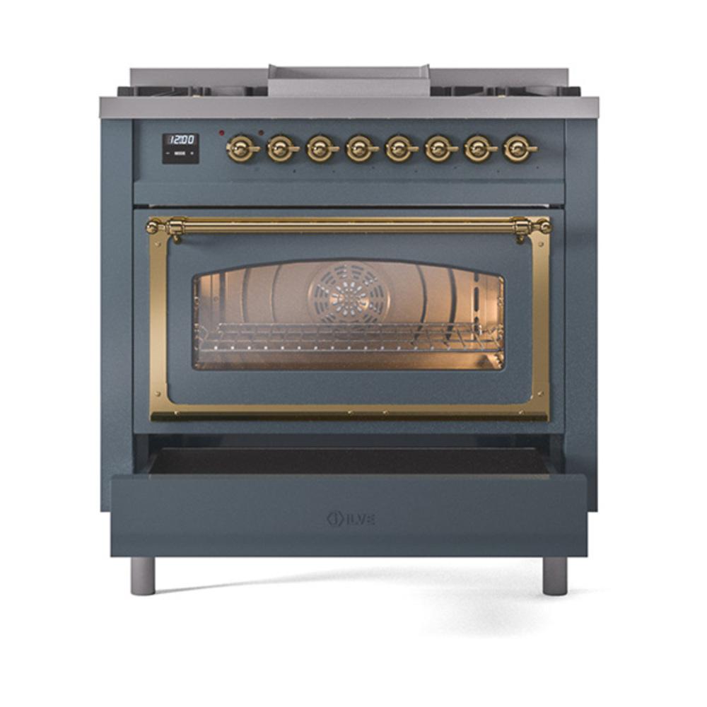 Ilve UN36FNMPBGGLP Ilve Un36Fnmpbgglp Nostalgie Ii Noblesse 36" Dual Fuel Range (Liquid Propane, Triple Glass Door, Blue Grey, Brass)