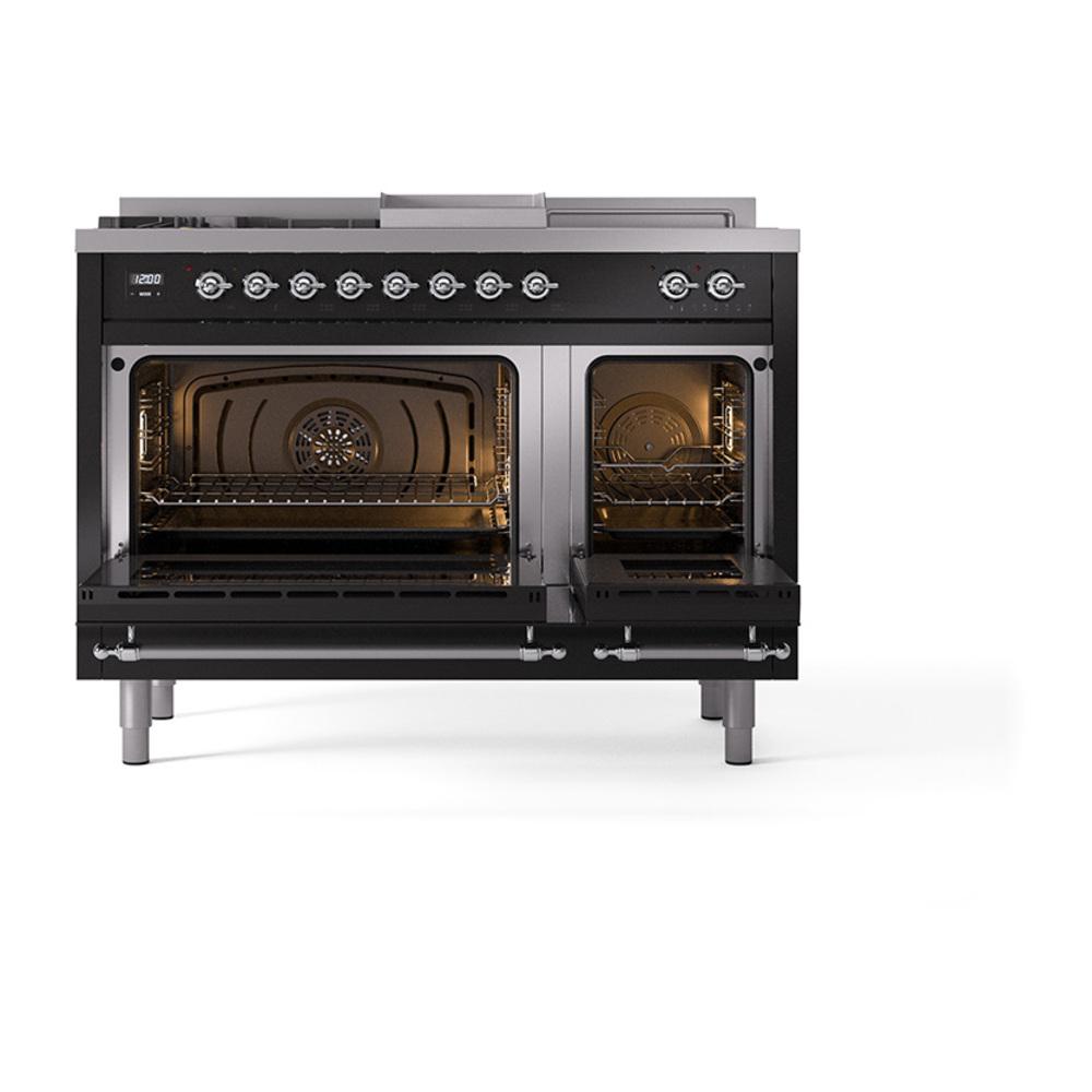 Ilve UN48FSQNMPBKCLP Ilve Un48Fsqnmpbkclp Nostalgie Ii Noblesse 48" Dual Fuel Range (5 Sealed Burners + Griddle + French Top, Liquid Propane, Solid Door, Glossy Black, Chrome)