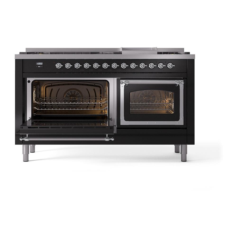 Ilve UN60FNMPBKCLP Ilve Un60Fnmpbkclp Nostalgie Ii Noblesse 60" Dual Fuel Range (9 Sealed Burners + Griddle, Liquid Propane, Triple Glass Door, Glossy Black, Chrome)